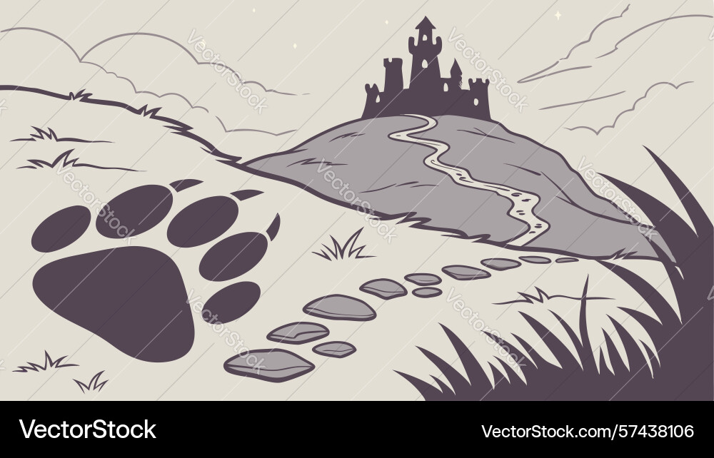 Paw prints on path towards distant castle design vector image