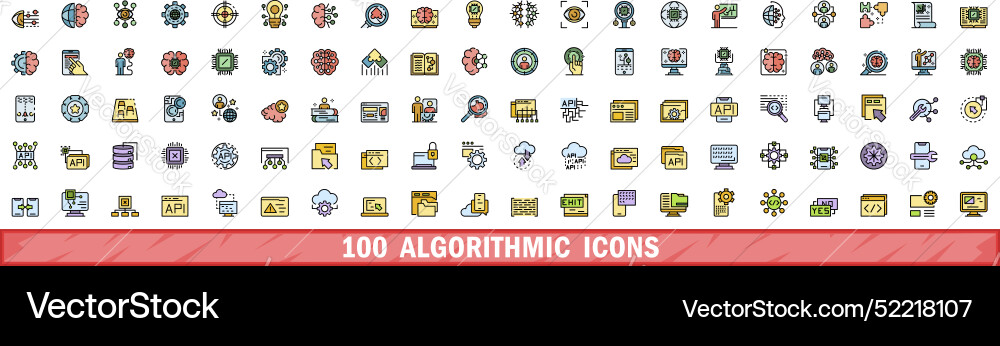 100 algorithmic icons set color line style 100 algorithmic icons set color line style vector image