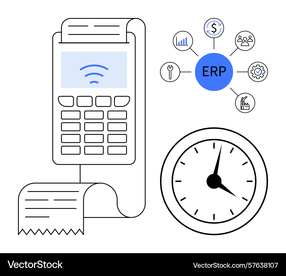Erp system integration with payment terminal time Erp system integration with payment terminal time vector image