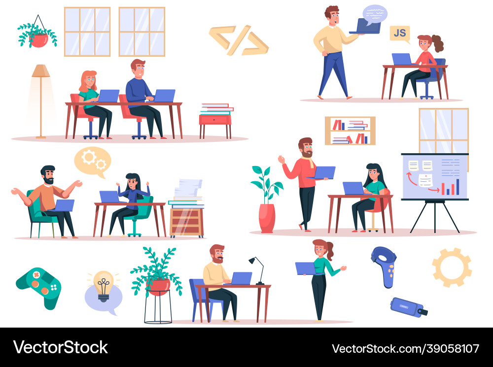 Game developer working isolated elements set Game developer working isolated elements set vector image