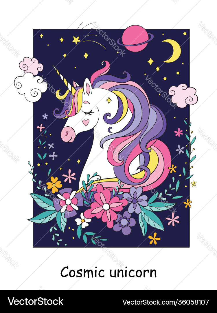 Schöne kosmische Einhorn mit Blumen und Sternen Schöne kosmische Einhorn mit Blumen und Sternen vektorbild