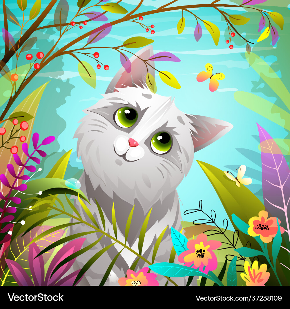 Katze oder Kätzchen spielen in der Natur mit Schmetterling Katze oder Kätzchen spielen in der Natur mit Schmetterling vektorbild