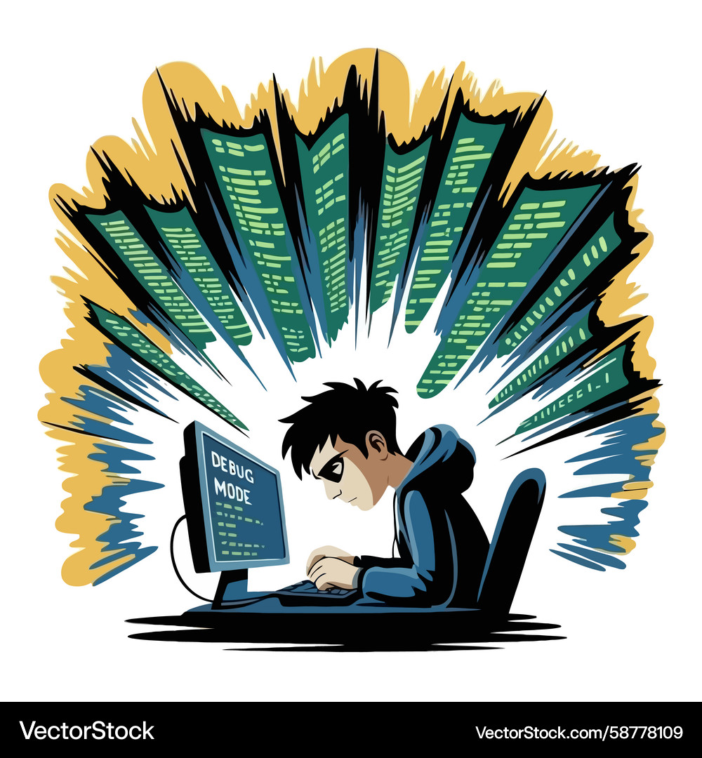 Young Hacker Focused on Code Vector Image