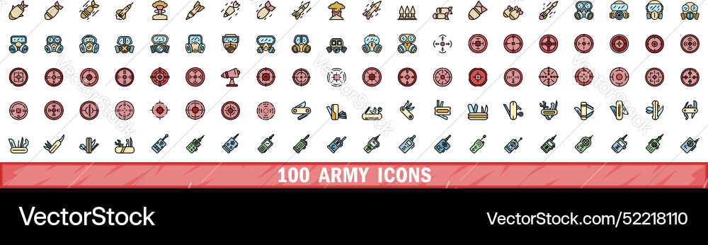 100 army icons set color line style 100 army icons set color line style vector image