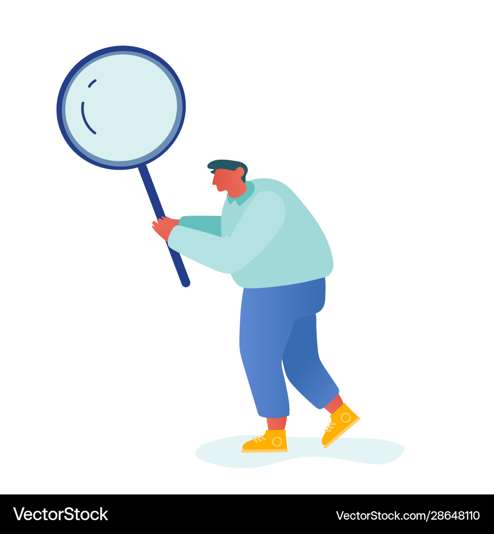 Business man character holding huge magnifier Business man character holding huge magnifier vector image