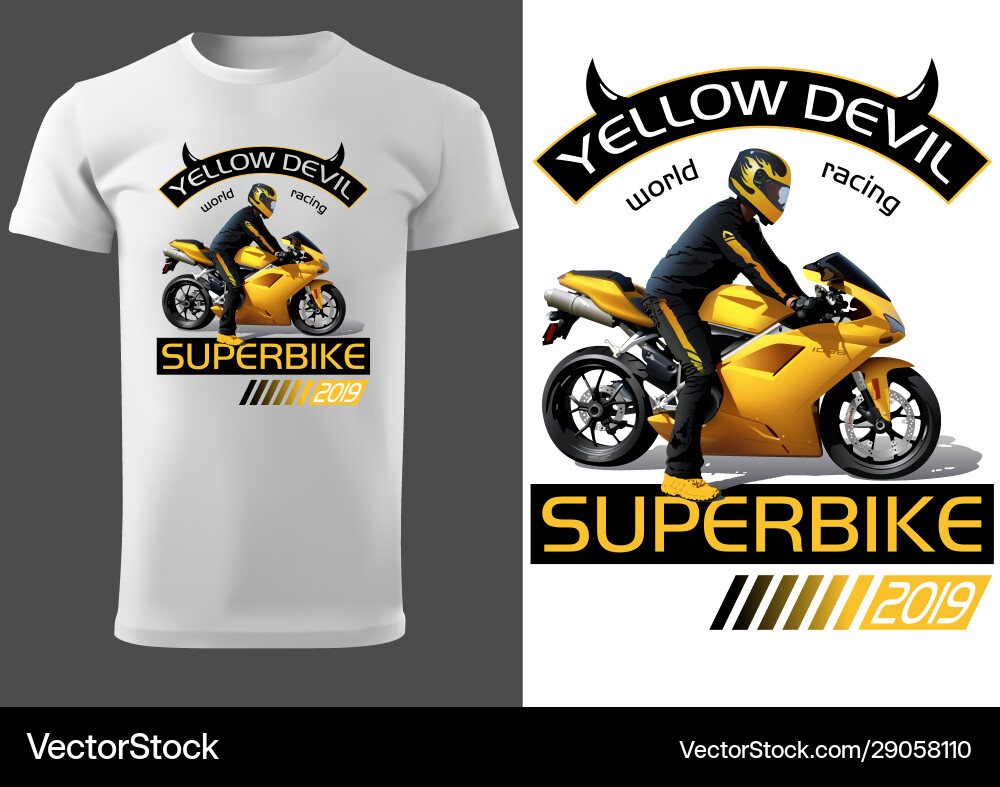 T-shirt design with motorcyclist and inscriptions T-shirt design with motorcyclist and inscriptions vector image