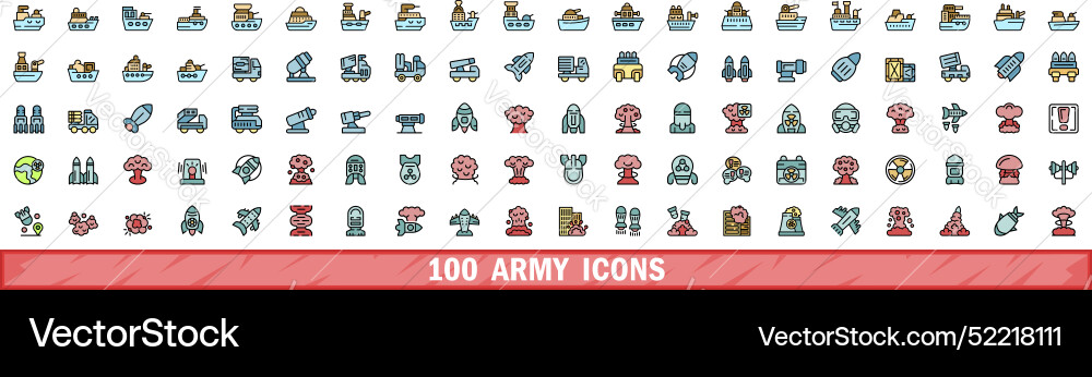 100 army icons set color line style 100 army icons set color line style vector image