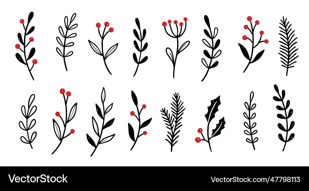 Christmas plant leaf flower vintage set hand Christmas plant leaf flower vintage set hand vector image