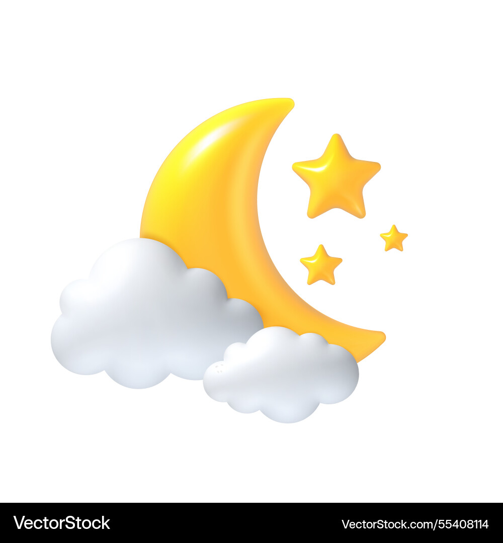 3d crescent moon stars and white clouds kids 3d crescent moon stars and white clouds kids vector image