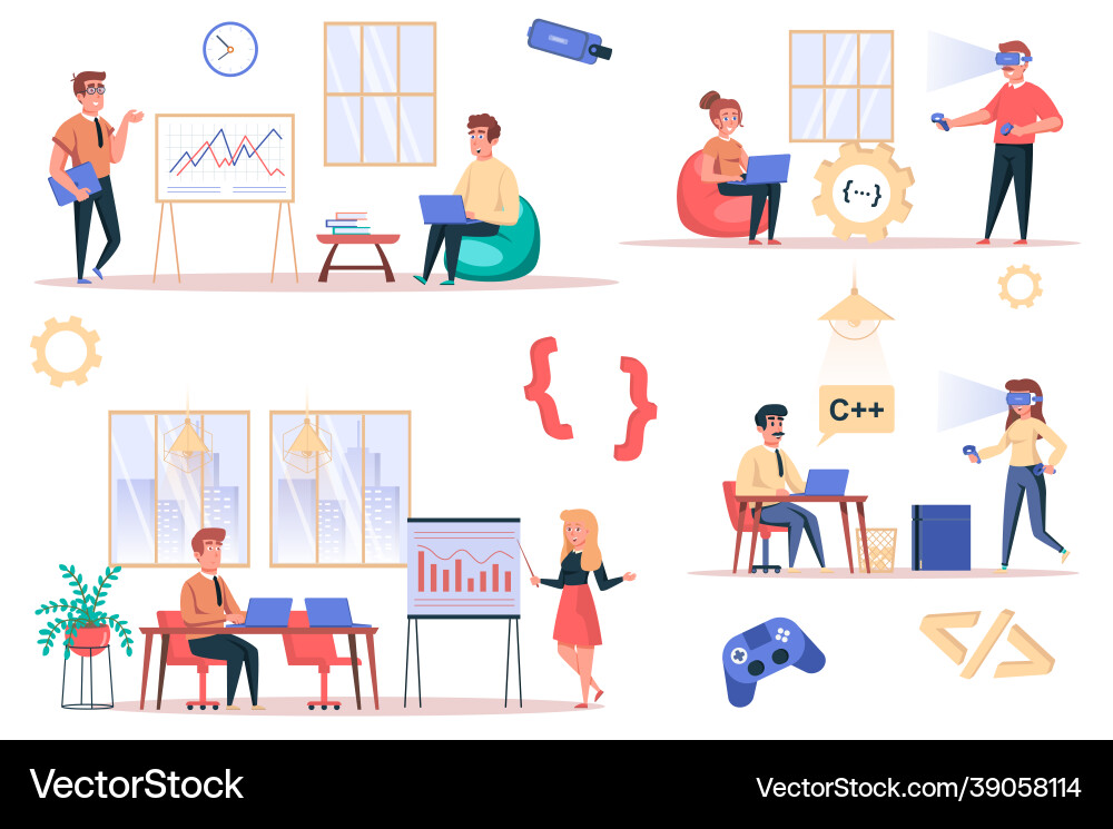 Game developer working isolated elements set Game developer working isolated elements set vector image