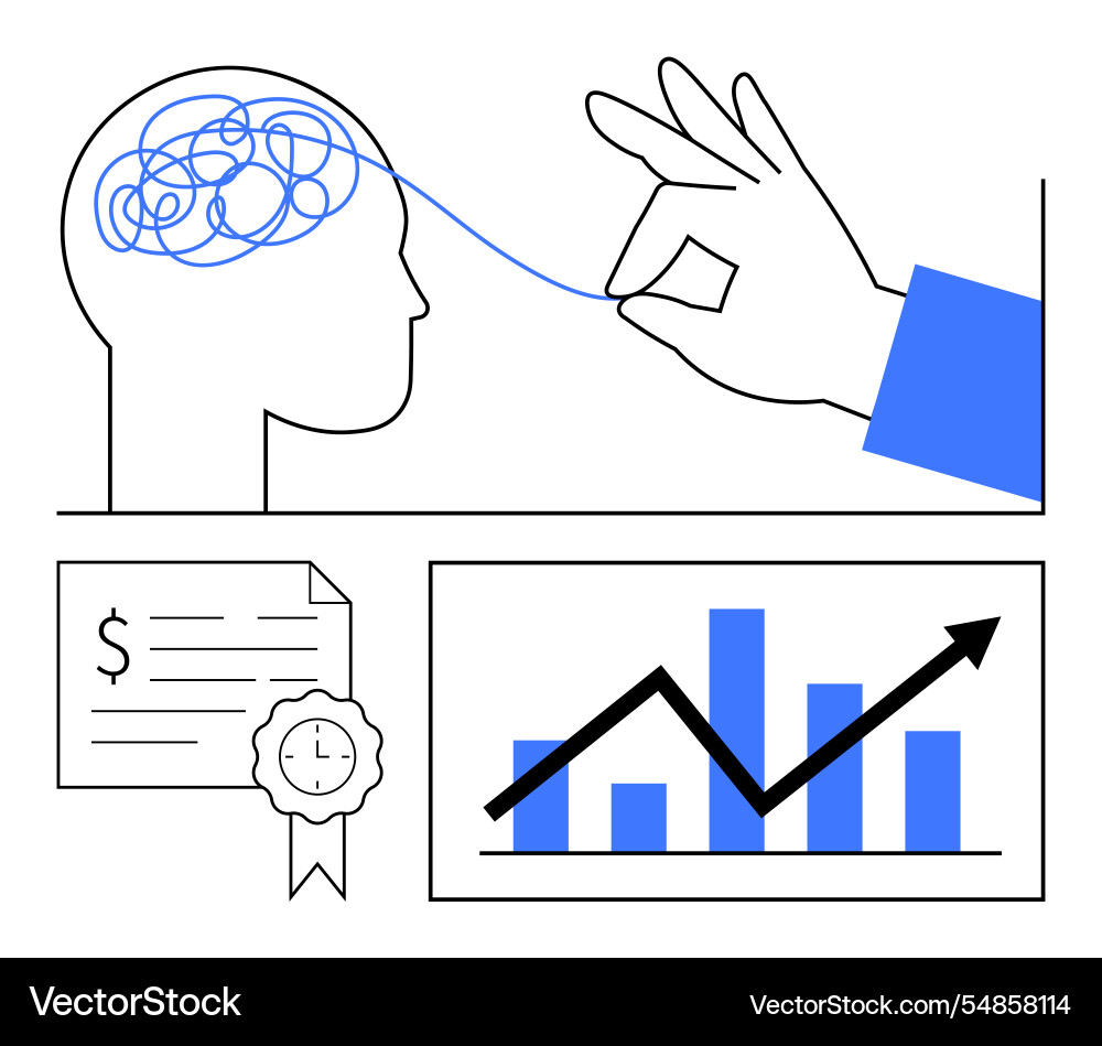 Hand unraveling tangled thoughts analyzing data Hand unraveling tangled thoughts analyzing data vector image