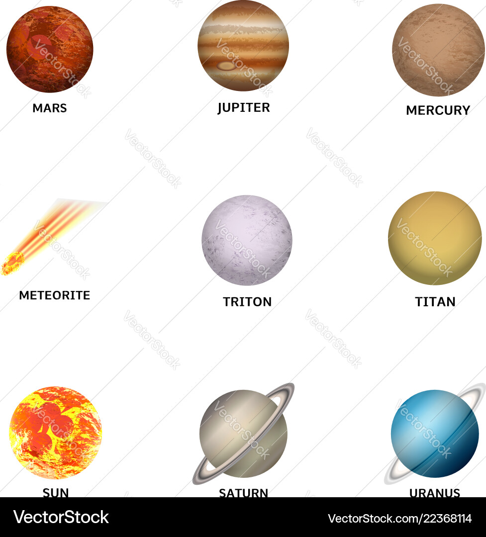 Planet icon set realistic style Planet icon set realistic style Vector Image