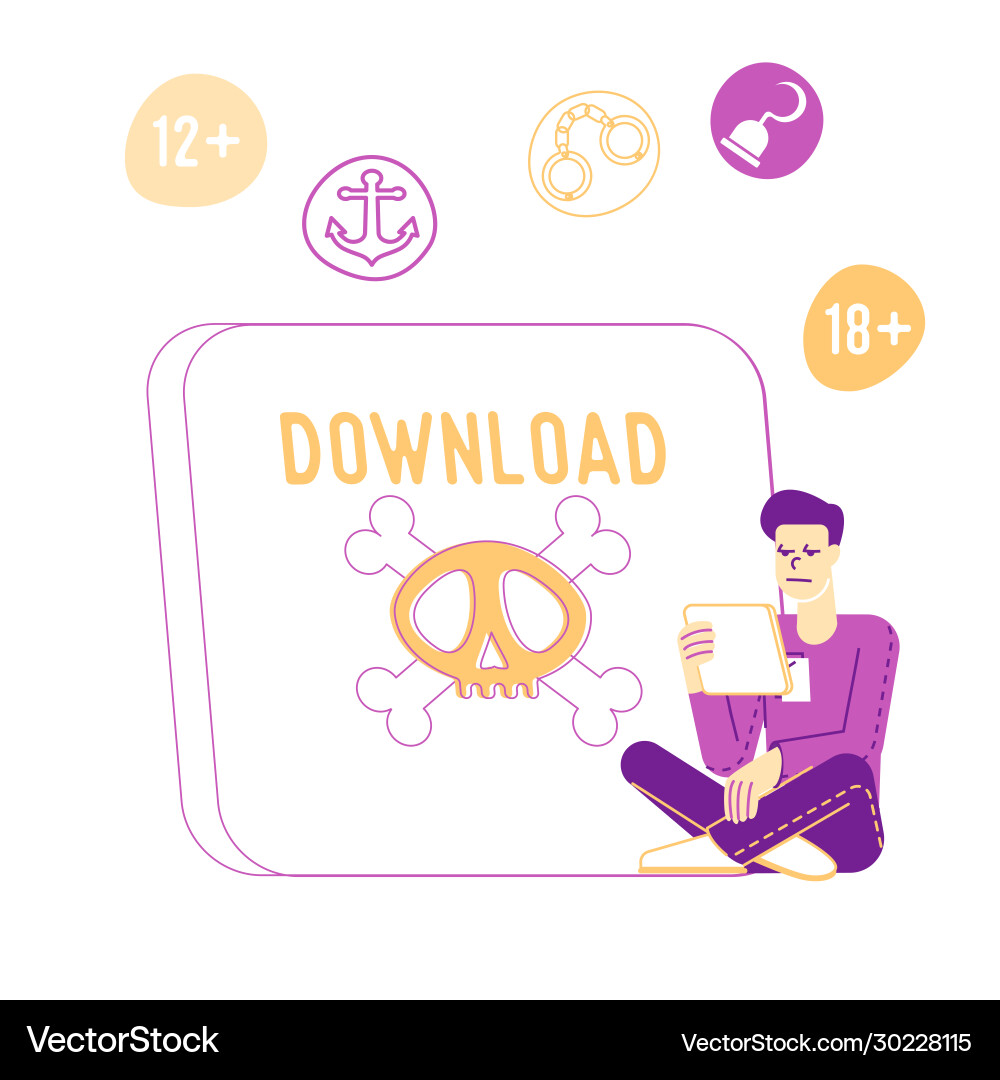 Male character sit at huge tablet pc with skull Male character sit at huge tablet pc with skull vector image