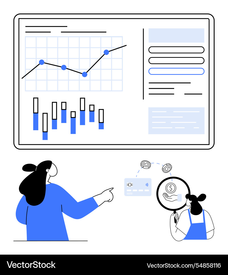 Team analyzing financial data visualizations Team analyzing financial data visualizations vector image