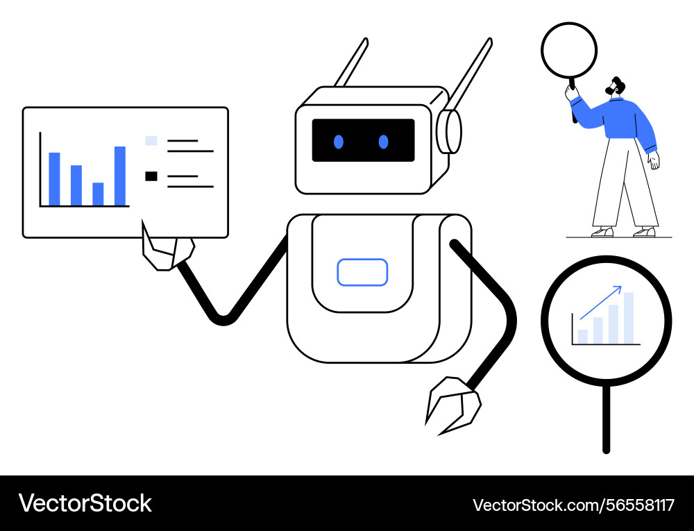 Robot presenting data insights with a magnifying Robot presenting data insights with a magnifying vector image