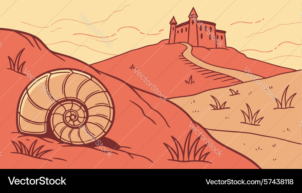 Nautilus shell fossil on arid red path art design vector image