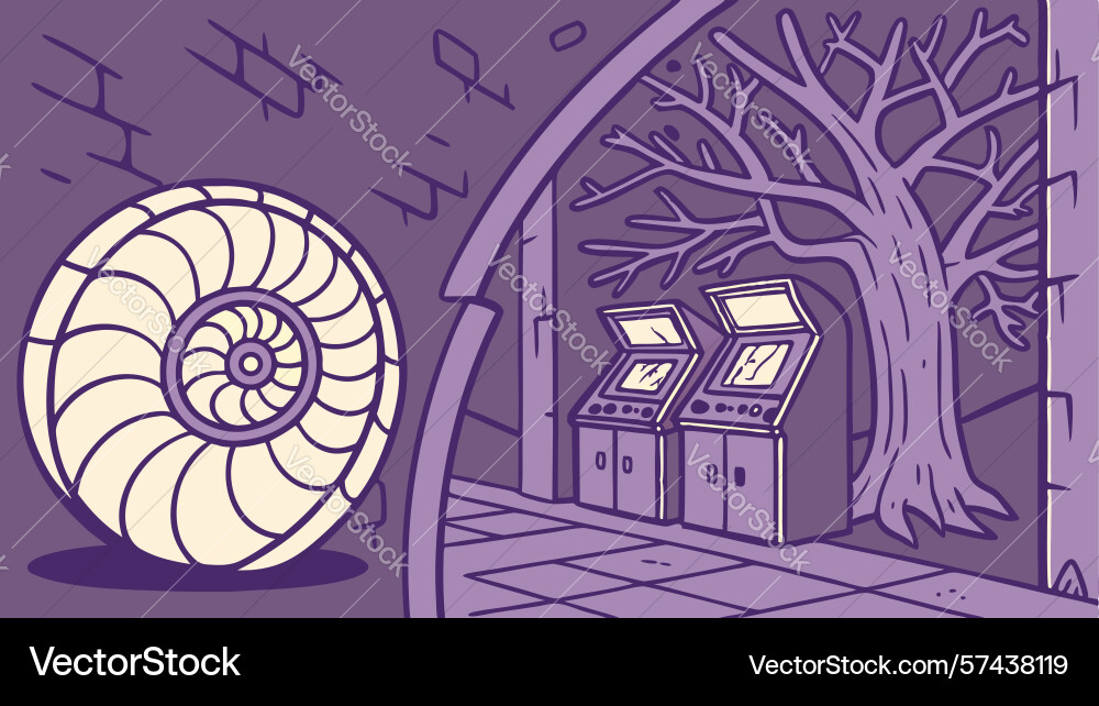Ancient nautilus fossil in retro arcade forest vector image