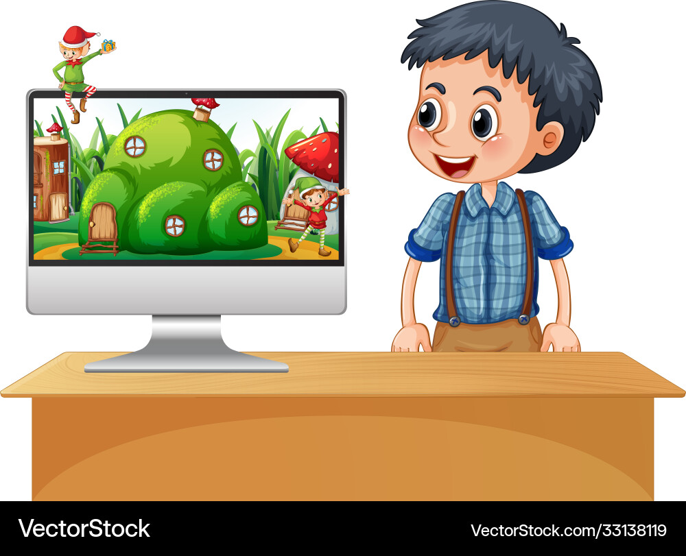 Elf on computer screen desktop vector image