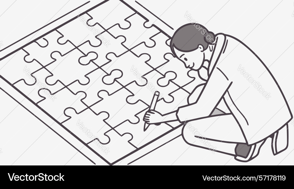 Man assembling jigsaw puzzle leisure problem vector image