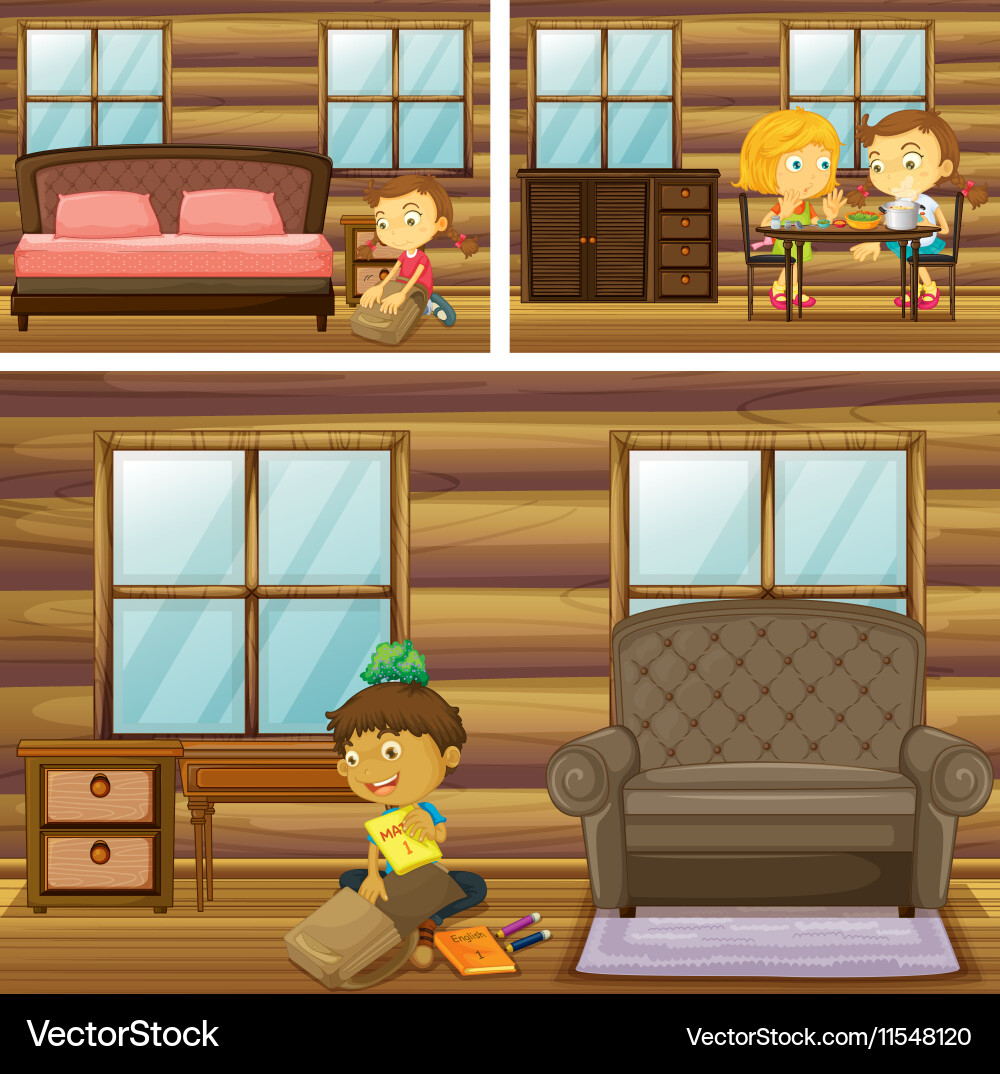Children doing things in different rooms – Royalty-Free Vector | VectorStock, image size:1000x1074