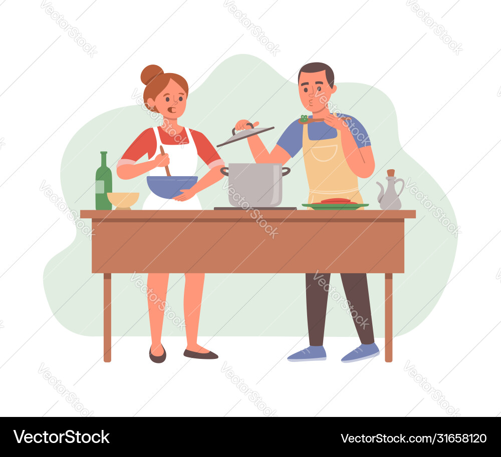 Husband and wife cooking homemade meals Husband and wife cooking homemade meals vector image