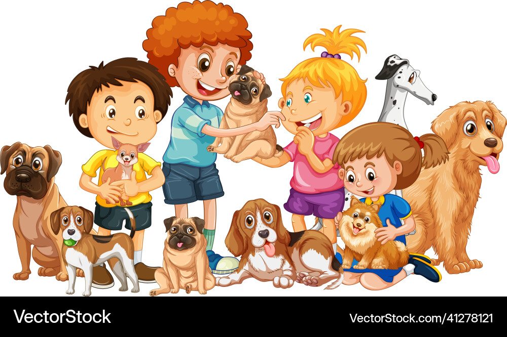 Glückliche Kinder mit ihren Hunden im Cartoon-Stil Glückliche Kinder mit ihren Hunden im Cartoon-Stil vektorbild