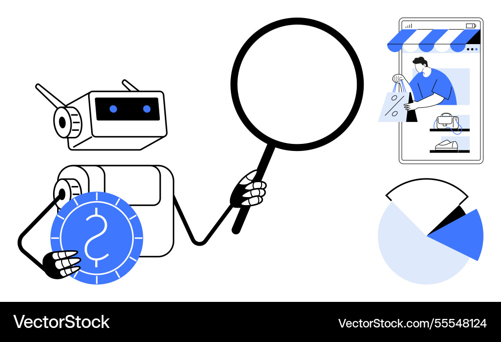 Robot with magnifying glass and e-commerce Robot with magnifying glass and e-commerce vector image