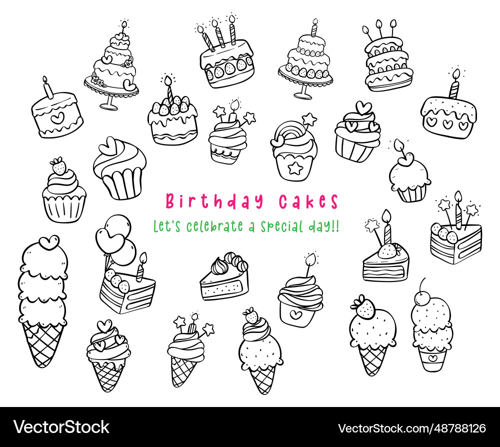 Cute birthday cake and ice cream cartoon doodle Cute birthday cake and ice cream cartoon doodle Vector Image