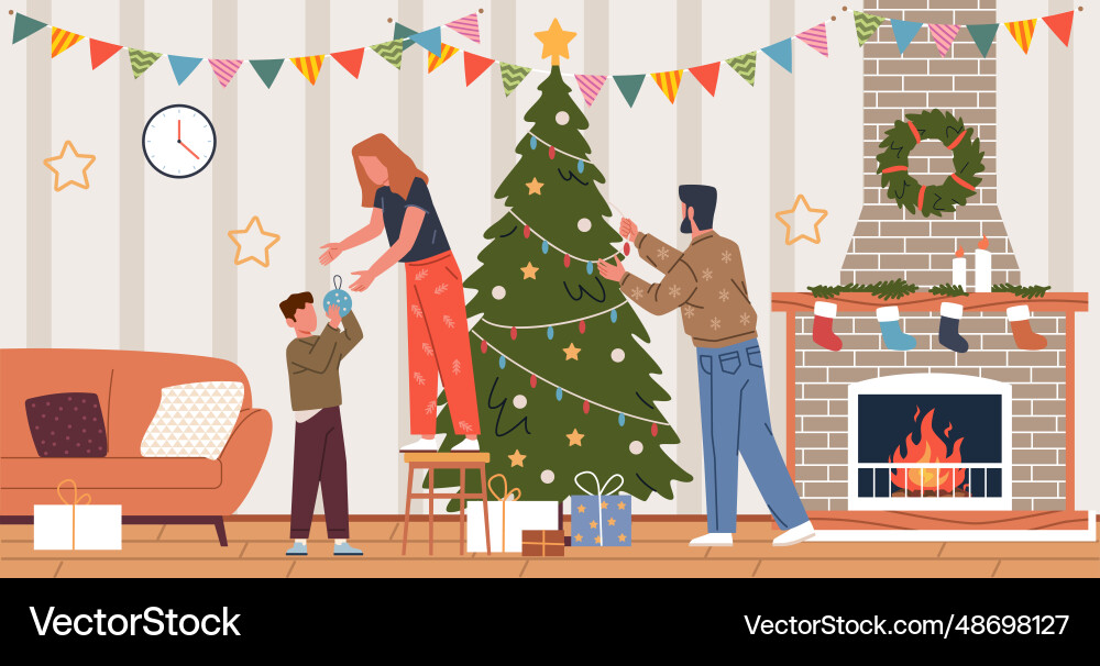 Frohe Familie schmücken Weihnachten Baum Menschen Frohe Familie schmücken Weihnachten Baum Menschen vektorbild