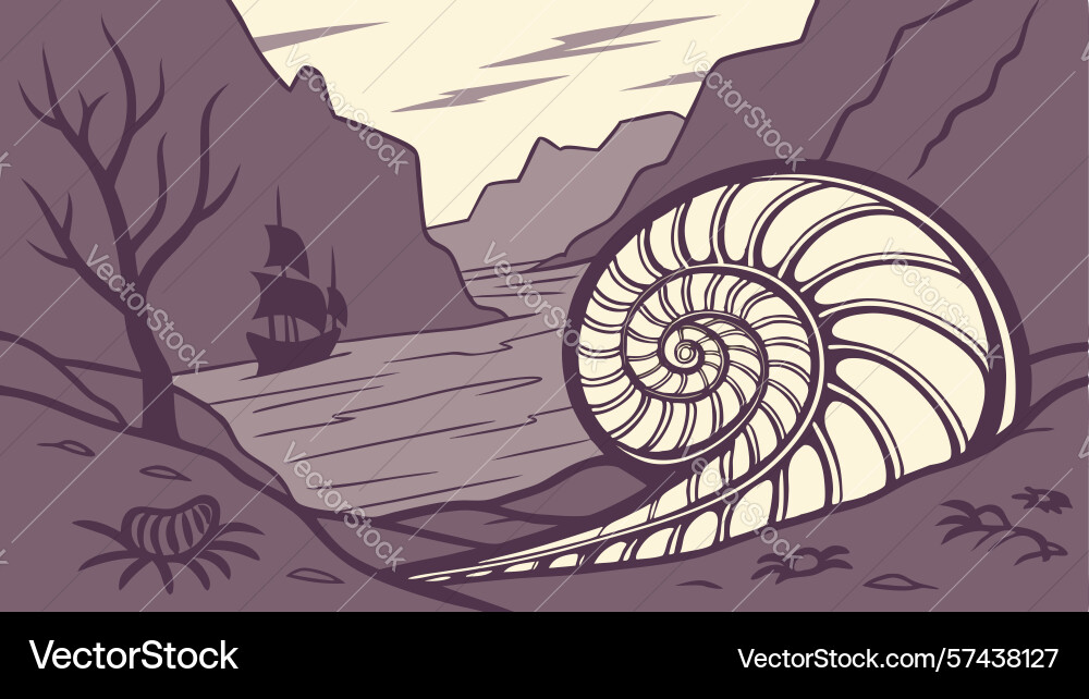 Nautilus shell fossil in ocean with distant ship vector image