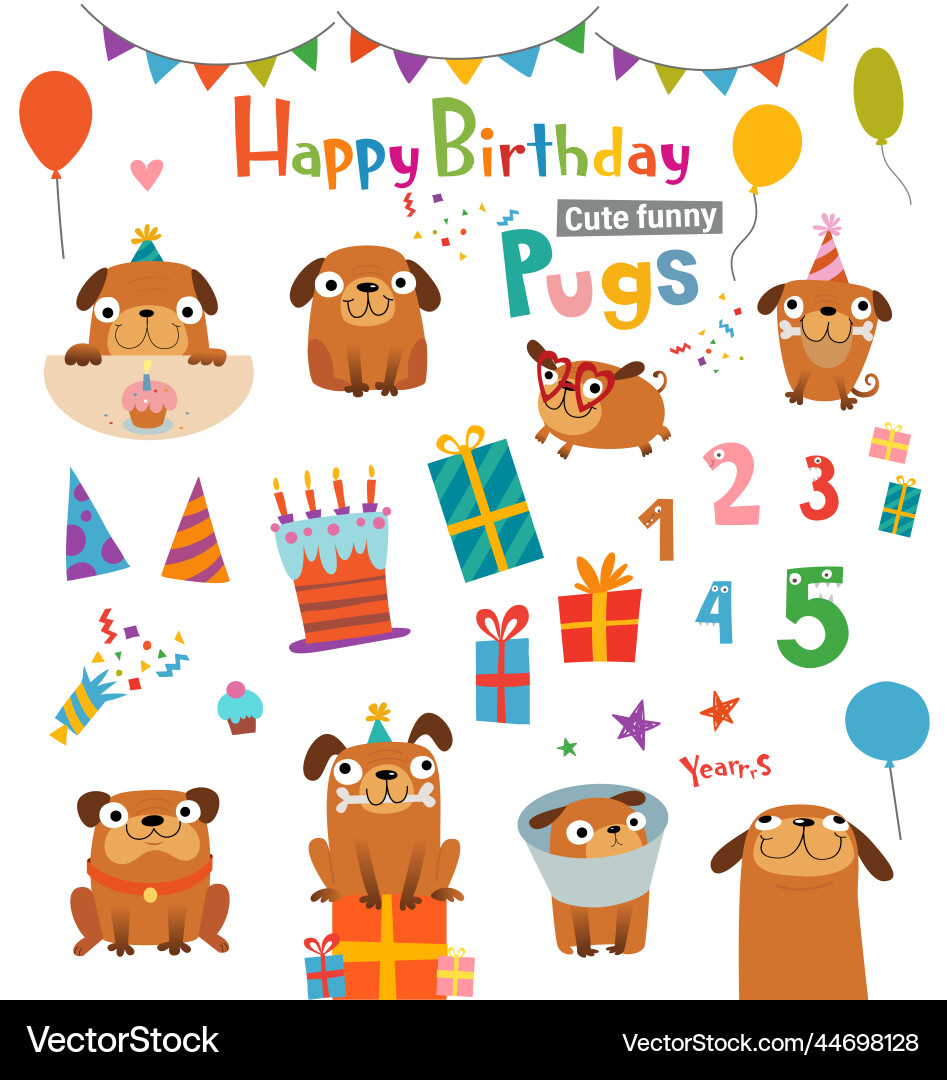 Funny cartoon pugs and design elements Funny cartoon pugs and design elements vector image
