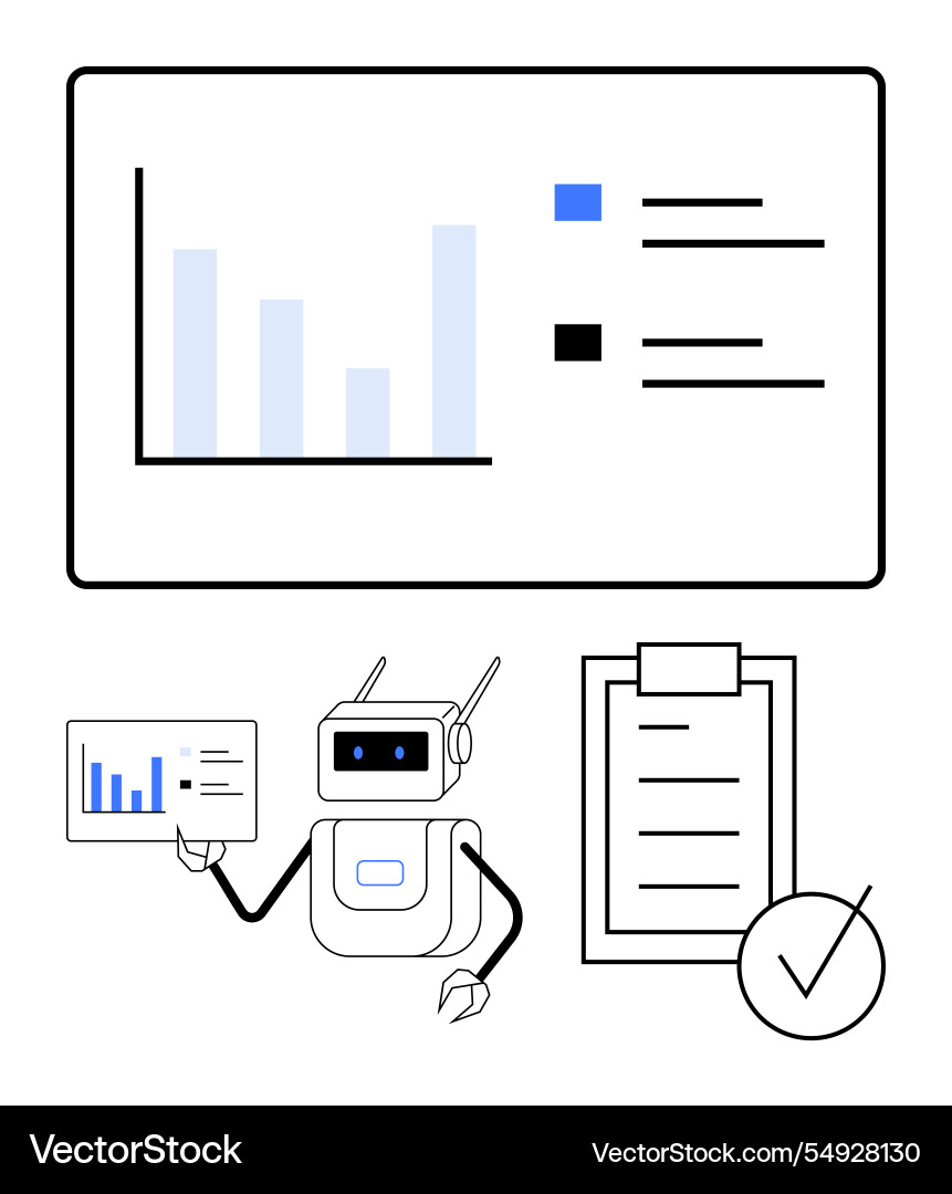 Robot analyzing data with bar chart clipboard Robot analyzing data with bar chart clipboard Vector Image
