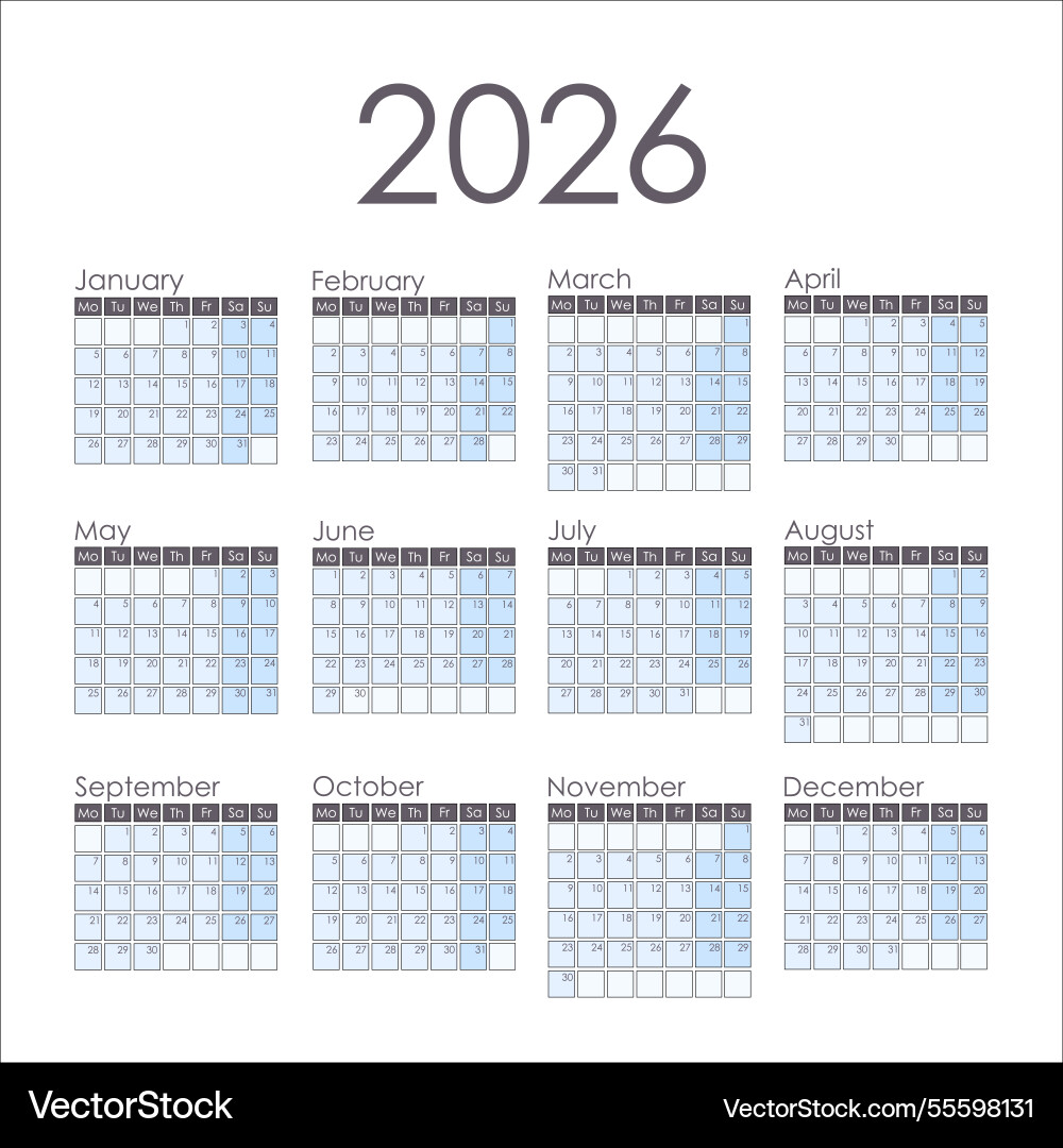 Calendar 2026 square week starts on monday Vector Image