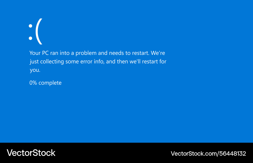 Blue screen error with sad face and restart Vector Image