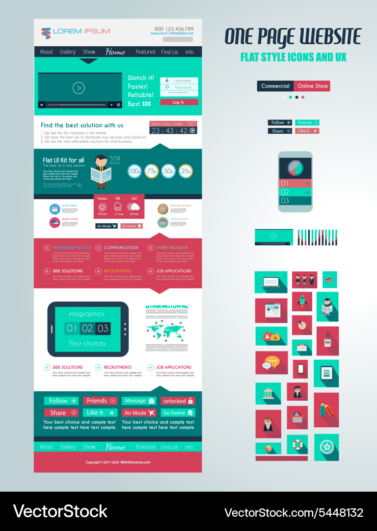 One page website flat ui design template vector image