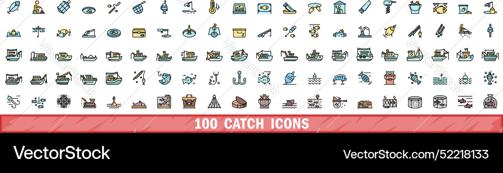 100 catch icons set color line style 100 catch icons set color line style vector image