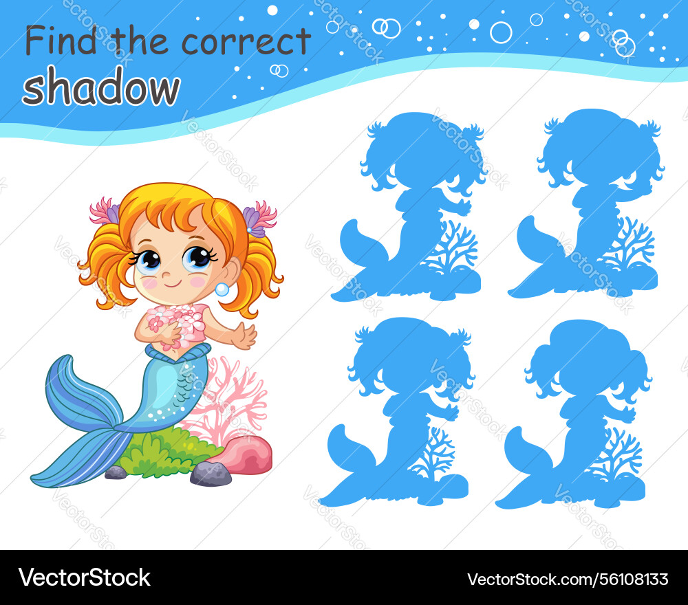 Find the correct shadow mermaid matching game Find the correct shadow mermaid matching game vector image