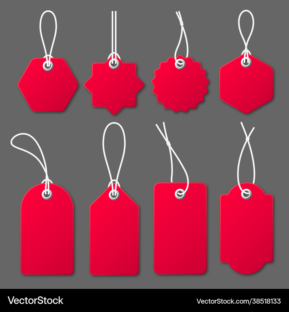 Realistic red price tags with white string on gray Realistic red price tags with white string on gray vector image