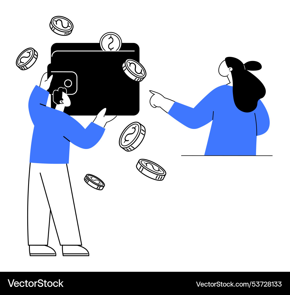 Two simplified characters discussing wallet Vector Image