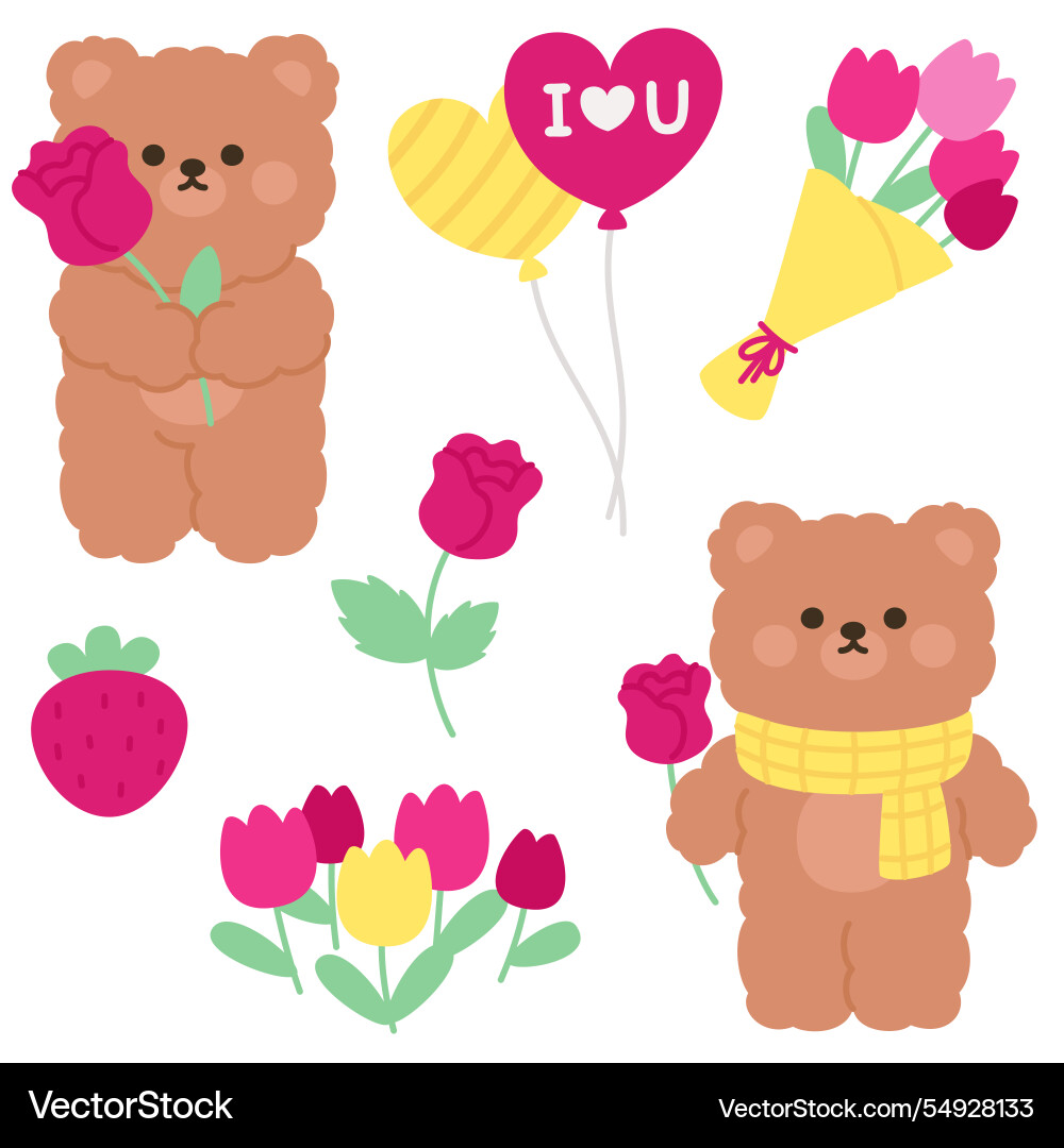 Valentines day bear stickers with flowers Valentines day bear stickers with flowers vector image