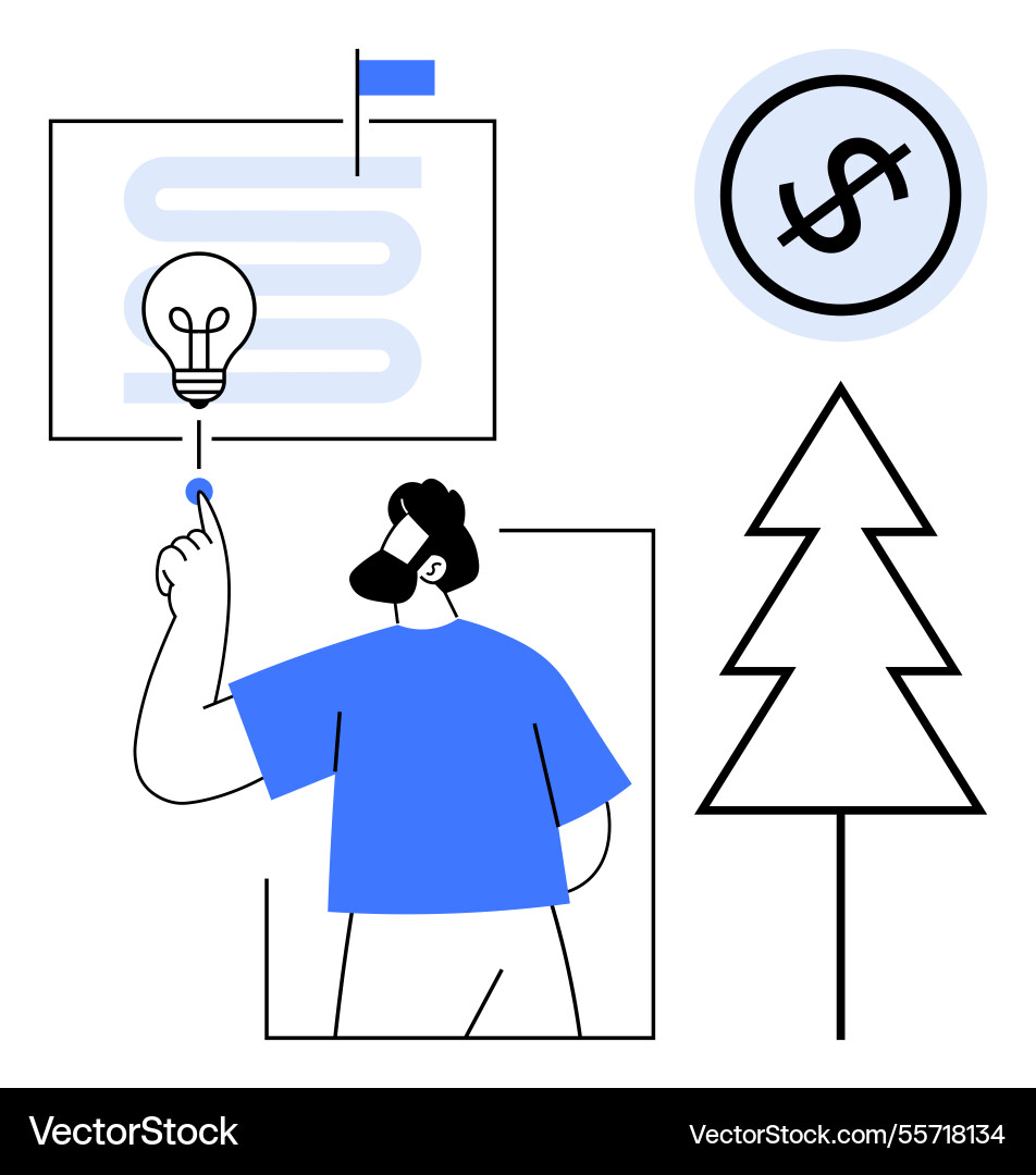 Man touching lightbulb icon with flag zigzag path Man touching lightbulb icon with flag zigzag path vector image