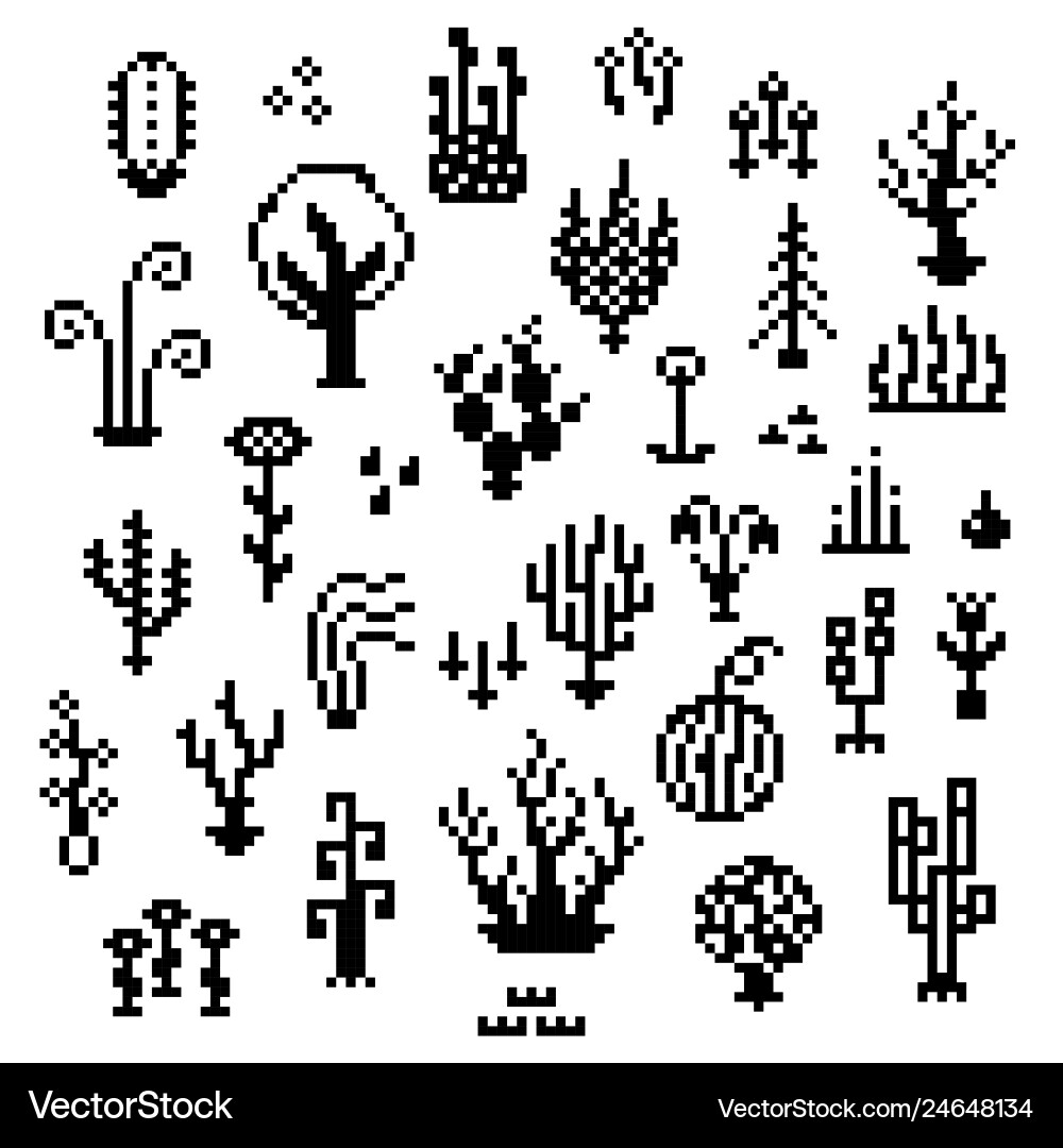 Pixel art plants 8 bit monochrome vegetation vector image