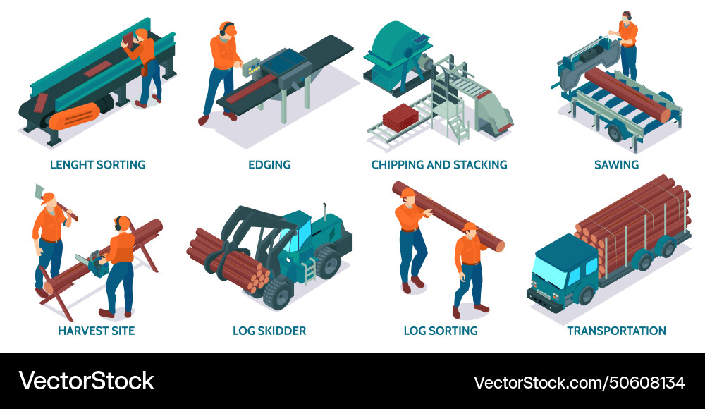 Sawmill isometric compositions set Royalty Free Vector Image