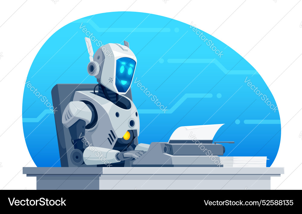 Ai robot writer character typing on typewriter Ai robot writer character typing on typewriter vector image