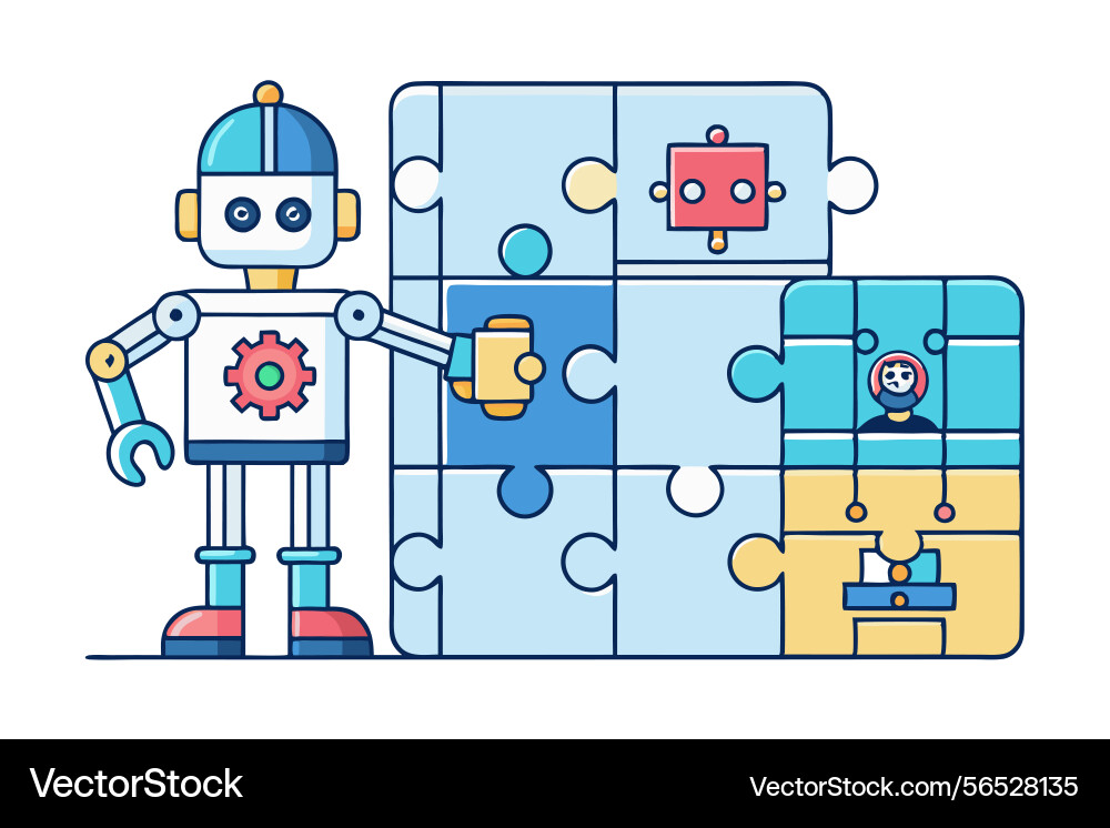 Artificial intelligence working with puzzle Artificial intelligence working with puzzle vector image