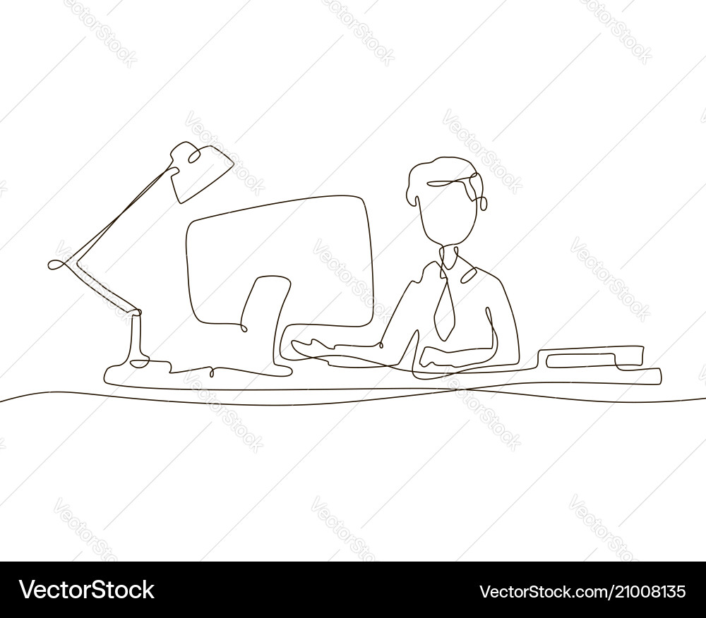 Boy at the computer - one line design style Boy at the computer - one line design style vector image