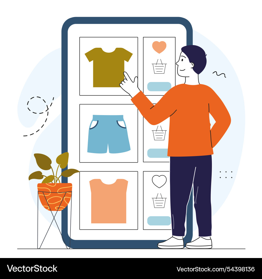 Man with online wishlist young guy buys clothes Man with online wishlist young guy buys clothes vector image