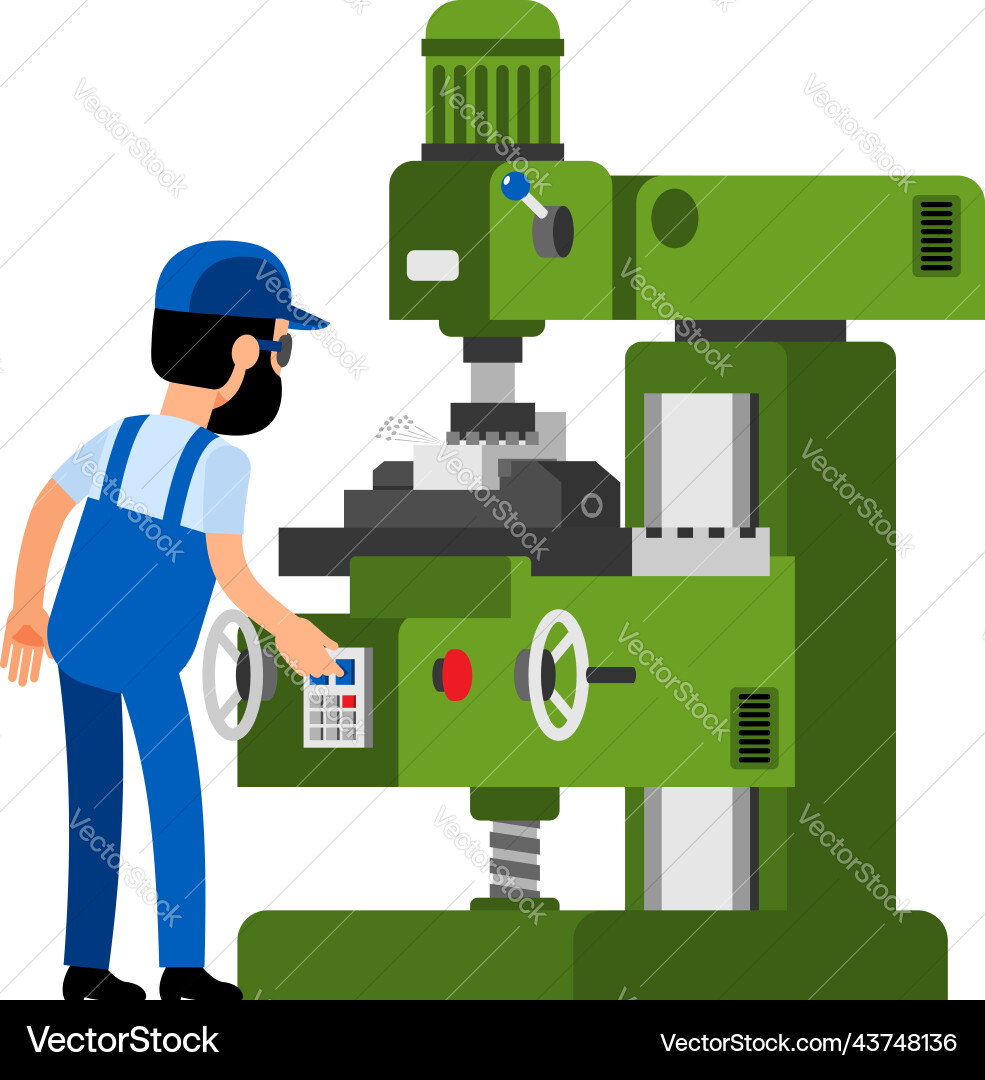 Worker processes part on milling machine vector image