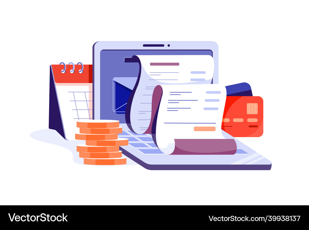 Online digital invoice with bills on laptop Online digital invoice with bills on laptop vector image