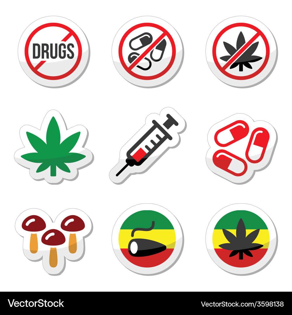 Drugs addiction marijuana syringe colorful labe Vector Image